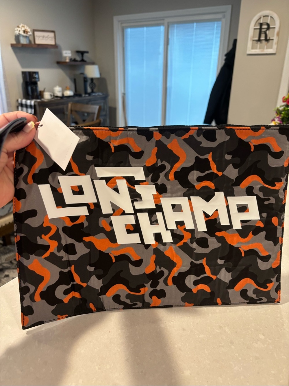 Longchamp Orange, Black & Gray Camo Logo Pouch